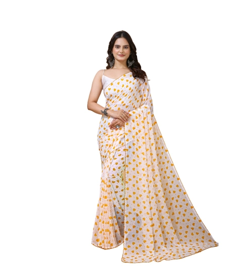 Generic Women's Georgette Printed Saree With Unstitched Blouse 5.5Mtr (White-Yellow)