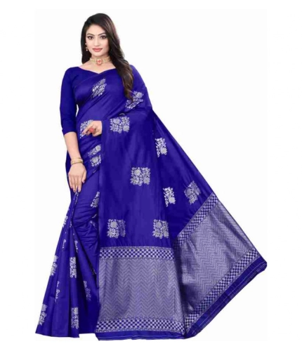 Generic Women's Soft Lichi Silk Printed Saree With Unstitched Blouse 5.5Mtr (Royal-Blue)