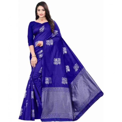 Generic Women's Soft Lichi Silk Printed Saree With Unstitched Blouse 5.5Mtr (Royal-Blue)