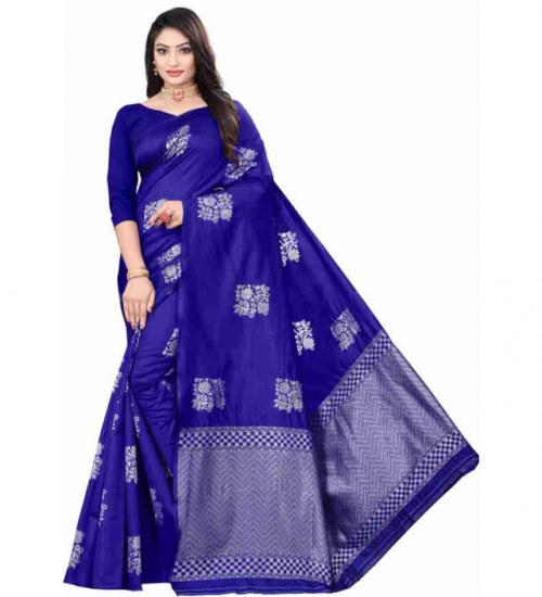 Generic Women's Soft Lichi Silk Printed Saree With Unstitched Blouse 5.5Mtr (Royal-Blue)