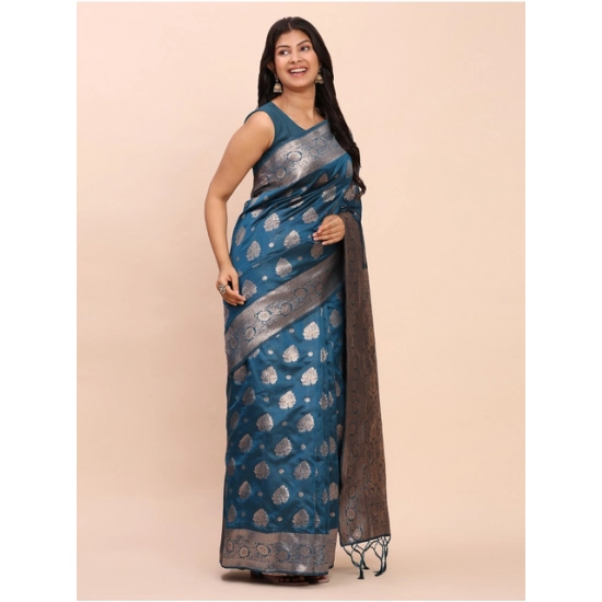 Generic Women's Banarasi Silk Printed Saree With Unstitched Blouse 5.5Mtr (Teal Blue)