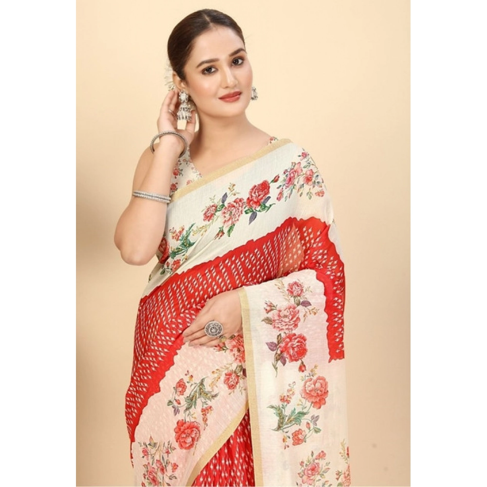 Women’s Chanderi Floral Printed Saree With Unstitched Blouse 5.5Mtr (Red)