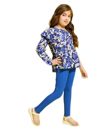 Generic Girl's Polyester Floral One Shoulder Jeggings Set (Blue)