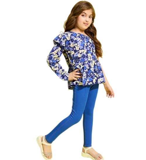 Generic Girl's Polyester Floral One Shoulder Jeggings Set (Blue)