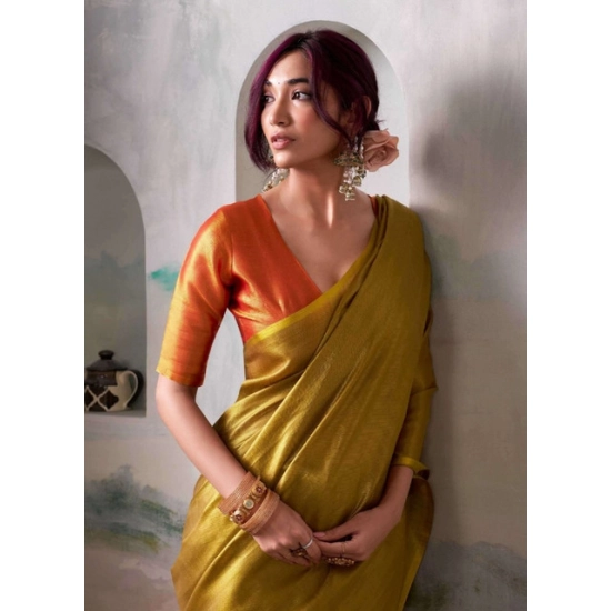 Generic Women's Tissue Silk Solid Saree With Unstitched Blouse 5.5Mtr (Mustard)
