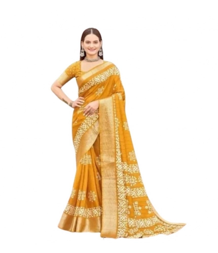 Generic Women's Cotton Silk Printed Saree With Unstitched Blouse 5.5Mtr (Yellow)