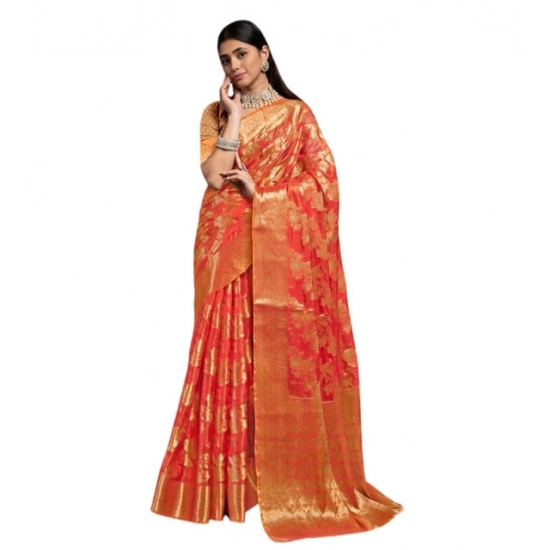 Generic Women's Organza Woven Saree With Unstitched Blouse 5.5Mtr (Red)