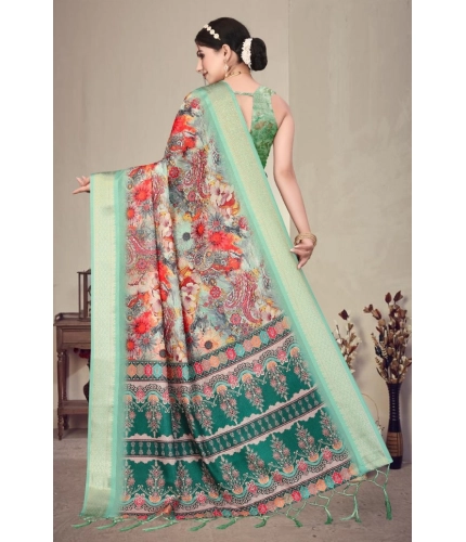 Generic Women's Cotton Silk  Printed Saree With Unstitched Blouse 5.5Mtr (Light Green)