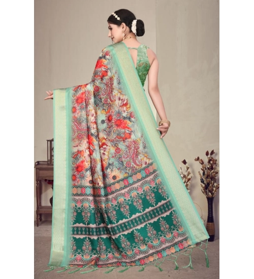 Generic Women's Cotton Silk  Printed Saree With Unstitched Blouse 5.5Mtr (Light Green)