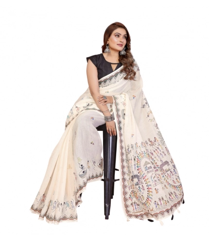 Generic Women's Linen Cotton Printed Saree With Unstitched Blouse 5.5Mtr (Off White)