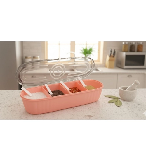 Generic Plastic 4 Grid Design Made In India Container with Spoon (Multicolor)