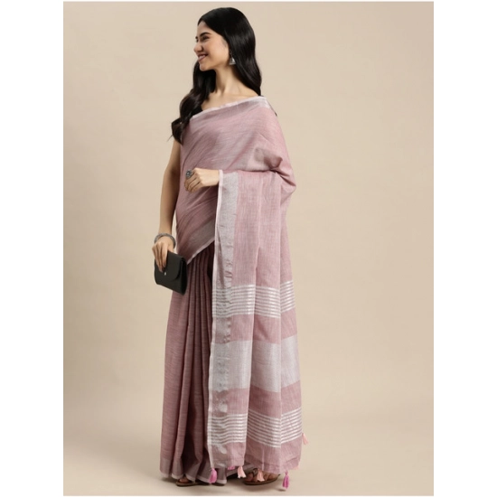 Generic Women's Linen Cotton Printed Saree With Unstitched Blouse 5.5Mtr (Purple)