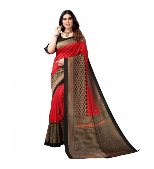 Generic Women's Litchi silk Printed Saree With Unstitched Blouse  5-6 Mtrs (Red)