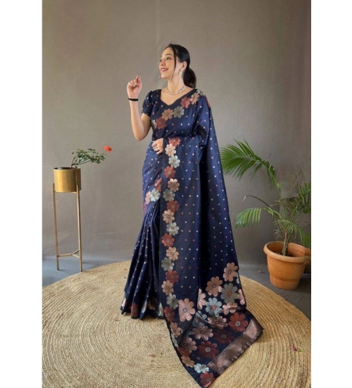 Generic Women's Soft Litchi Silk Jacquard Work Saree With Unstitched Blouse 5.5Mtr (Navy Blue)