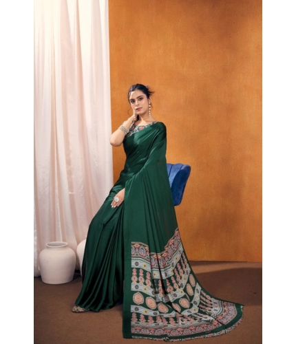 Generic Women's Satin Crepe Printed Saree With Unstitched Blouse 5.5Mtr (Bottle Green)