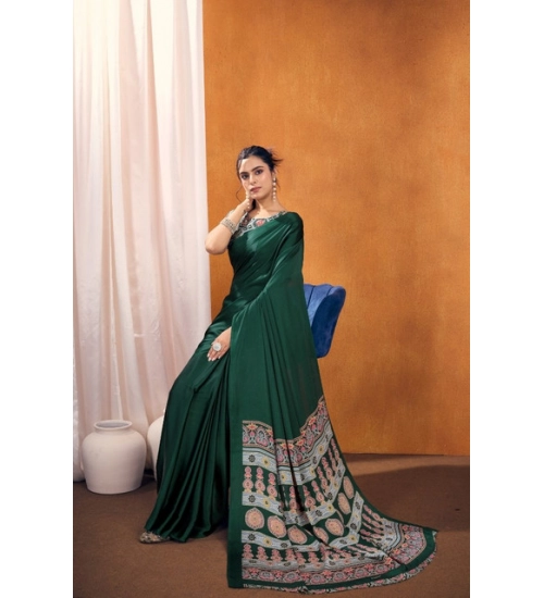 Generic Women's Satin Crepe Printed Saree With Unstitched Blouse 5.5Mtr (Bottle Green)