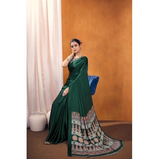 Generic Women's Satin Crepe Printed Saree With Unstitched Blouse 5.5Mtr (Bottle Green)