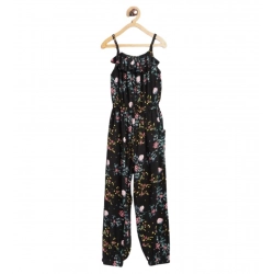 Generic Girl's Rayon Floral Sleeveless Jumpsuit (Black-Pink)
