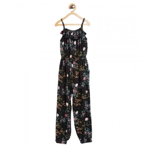Generic Girl's Rayon Floral Sleeveless Jumpsuit (Black-Pink)