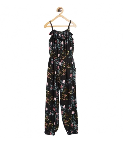 Generic Girl's Rayon Floral Sleeveless Jumpsuit (Black-Pink)