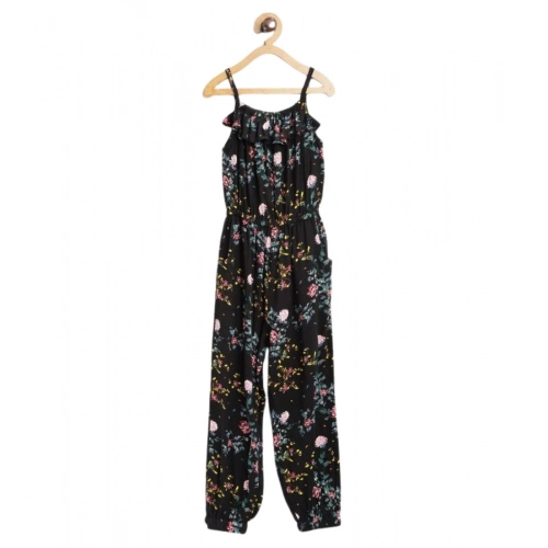 Generic Girl's Rayon Floral Sleeveless Jumpsuit (Black-Pink)