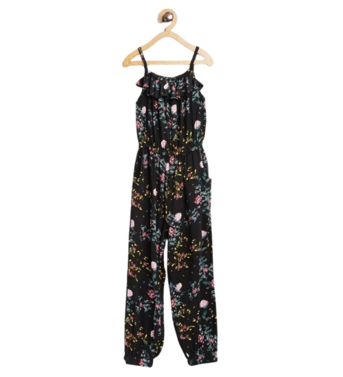 Generic Girl's Rayon Floral Sleeveless Jumpsuit (Black-Pink)