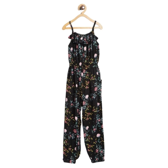 Generic Girl's Rayon Floral Sleeveless Jumpsuit (Black-Pink)
