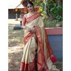 Generic Women's Litchi silk Printed Saree With Unstitched Blouse (Beige)