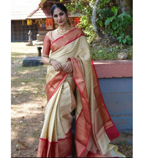 Generic Women's Litchi silk Printed Saree With Unstitched Blouse (Beige)