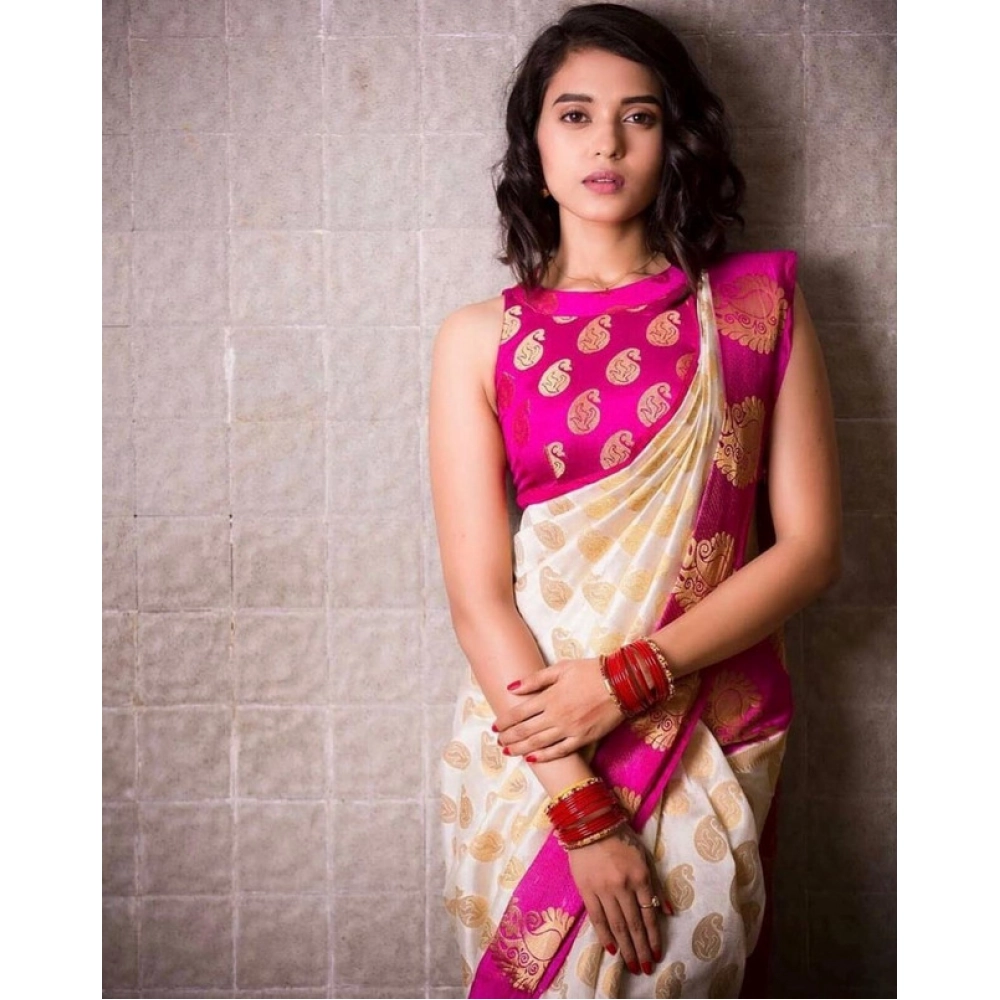 Generic Women's Soft Lichi Silk Printed Saree With Unstitched Blouse 5.5Mtr (White)