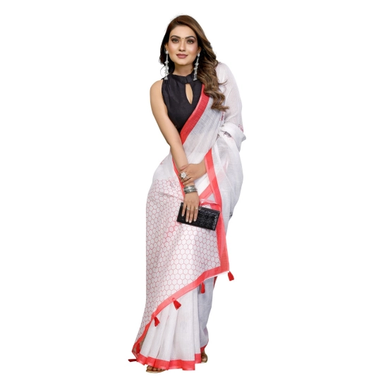 Generic Women's Linen Cotton Printed Saree With Unstitched Blouse 5.5Mtr (White) Generic Women's Linen Cotton Printed Saree With Unstitched Blouse 5.5Mtr (White)