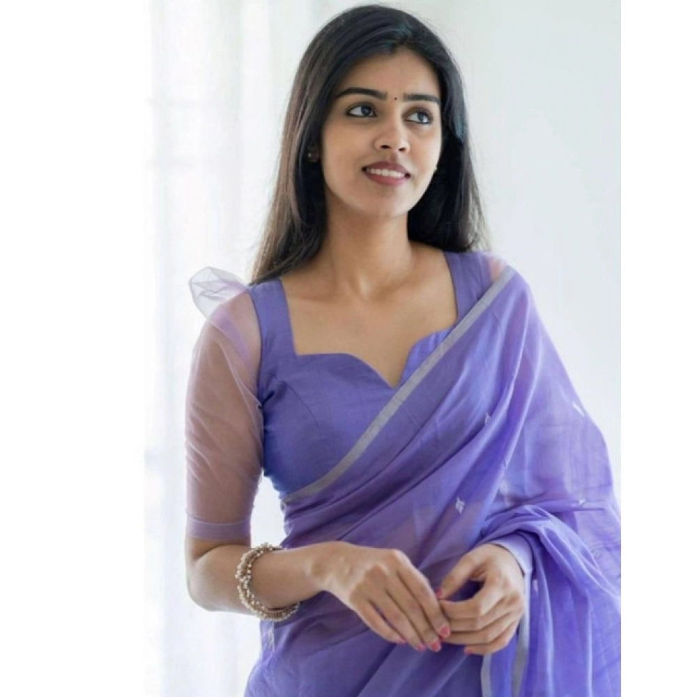 Generic Women's Soft Litchi Silk Jacquard Work Saree With Unstitched Blouse 5.5Mtr (Purple)