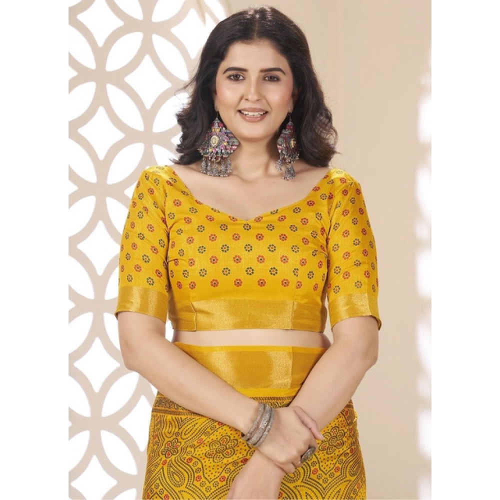 Women’s Cotton Silk Floral Printed Saree With Unstitched Blouse 5.5Mtr (Yellow)