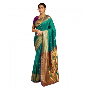 Generic Women's Silk Blend Zari Weaving Saree With Unstitched Blouse 5.5Mtr (Teal)