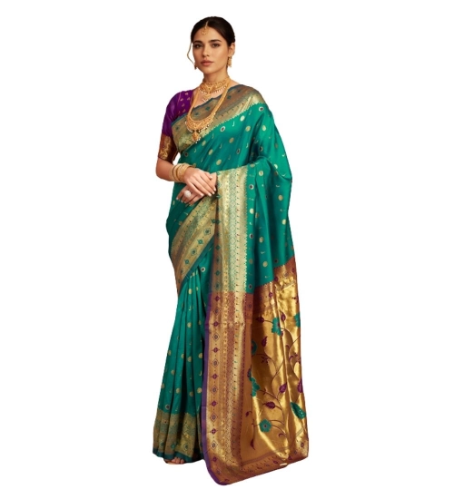 Generic Women's Silk Blend Zari Weaving Saree With Unstitched Blouse 5.5Mtr (Teal)