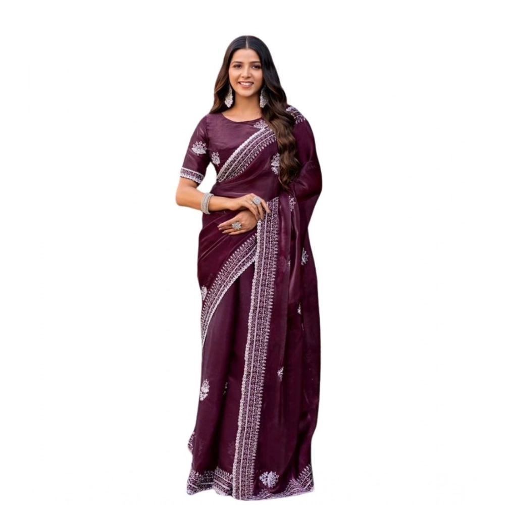 Generic Women's Faux Shimmer Floral Embroidery Ready to wear Saree With Unstitched Blouse 5.5Mtr (Maroon) Generic Women's Faux Shimmer Floral Embroidery Ready to wear Saree With Unstitched Blouse 5.5Mtr (Maroon)