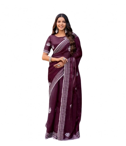 Generic Women's Faux Shimmer Floral Embroidery Ready to wear Saree With Unstitched Blouse 5.5Mtr (Maroon) Generic Women's Faux Shimmer Floral Embroidery Ready to wear Saree With Unstitched Blouse 5.5Mtr (Maroon)