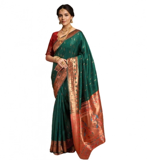 Generic Women's Silk Blend Zari Woven Saree With Unstitched Blouse 5.5Mtr (Green)