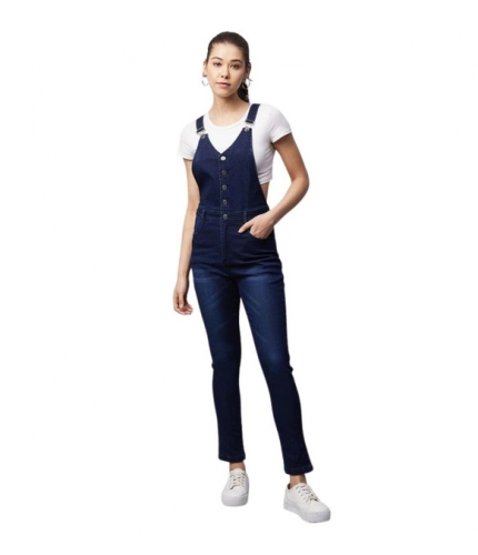 Generic Women's Denim Lycra Solid Buttoned Dungaree (Navy)