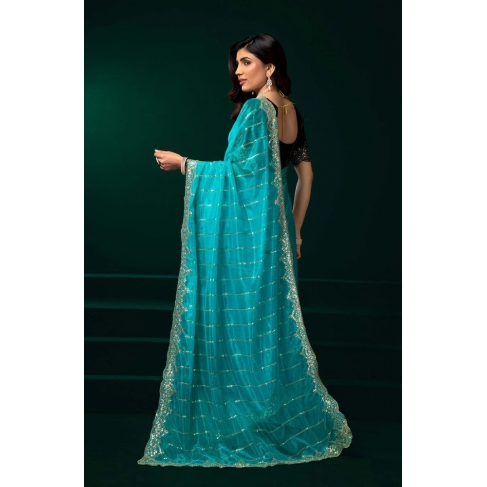 Generic Women's Net Sequence Saree With Unstitched Blouse 5.5Mtr (Turquoise)