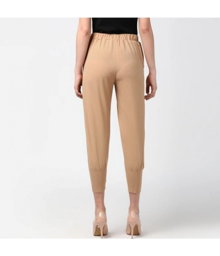 Generic Women's Polyester Solid Elasticated Trousers (Beige)