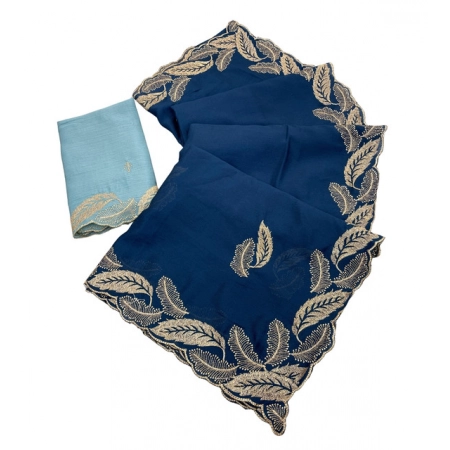 Generic Women's Chiffon Embroidered Saree With Unstitched Blouse 5.5Mtr (Blue)