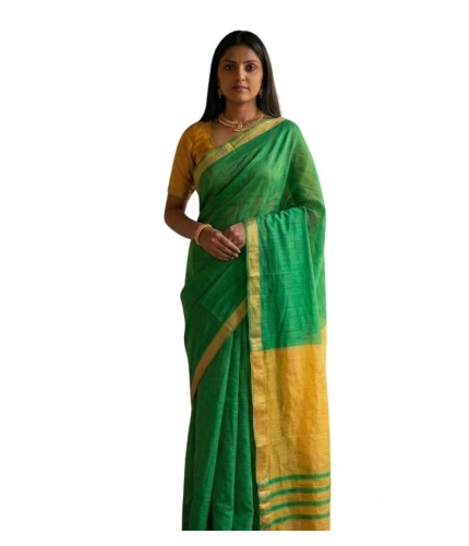 Generic Women's Cotton Printed Saree With Unstitched Blouse 5.5Mtr (Green)