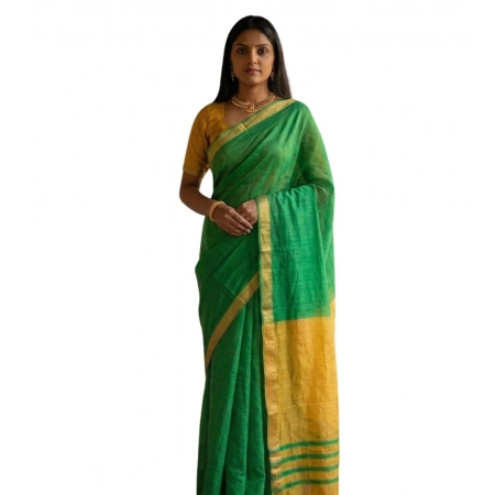 Generic Women's Cotton Printed Saree With Unstitched Blouse 5.5Mtr (Green)