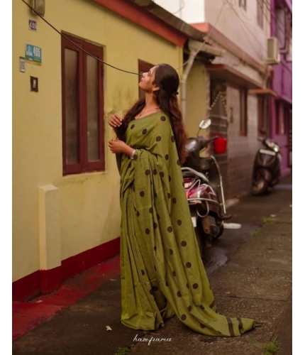 Generic Women's Linen Printed Saree With Unstitched Blouse 5.5Mtr (Green)