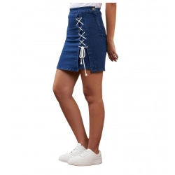 Generic Women's Denim Lycra Solid Button Skirt (Blue)