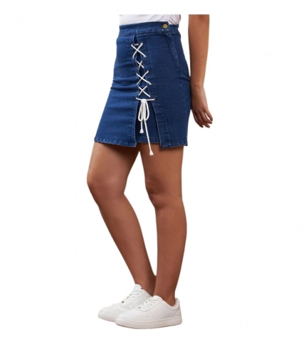 Generic Women's Denim Lycra Solid Button Skirt (Blue)