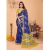 Generic Women's Linen Cotton Printed Saree With Unstitched Blouse 5.5Mtr (Blue)