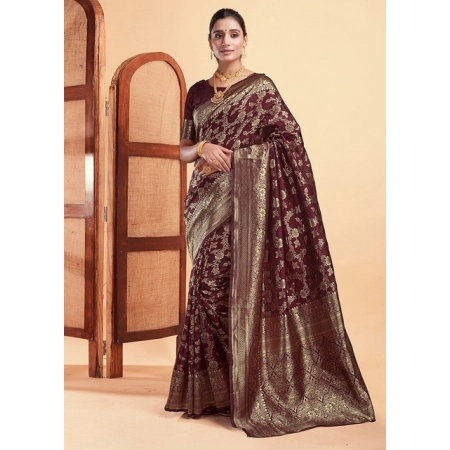Generic Women's Jacquard Printed Saree With Unstitched Blouse 5.5Mtr (Maroon)
