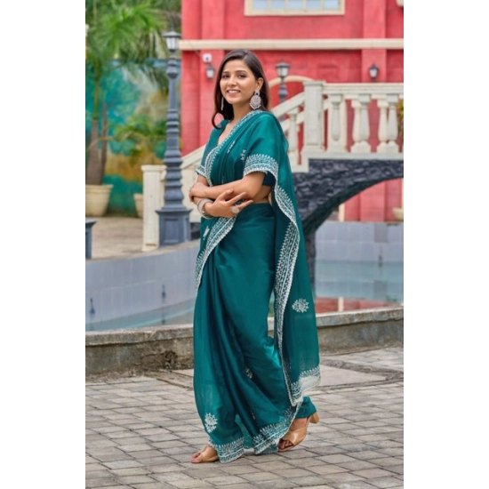 Generic Women's Faux Shimmer Floral Embroidery Ready to wear Saree With Unstitched Blouse 5.5Mtr (Teal) Generic Women's Faux Shimmer Floral Embroidery Ready to wear Saree With Unstitched Blouse 5.5Mtr (Teal)